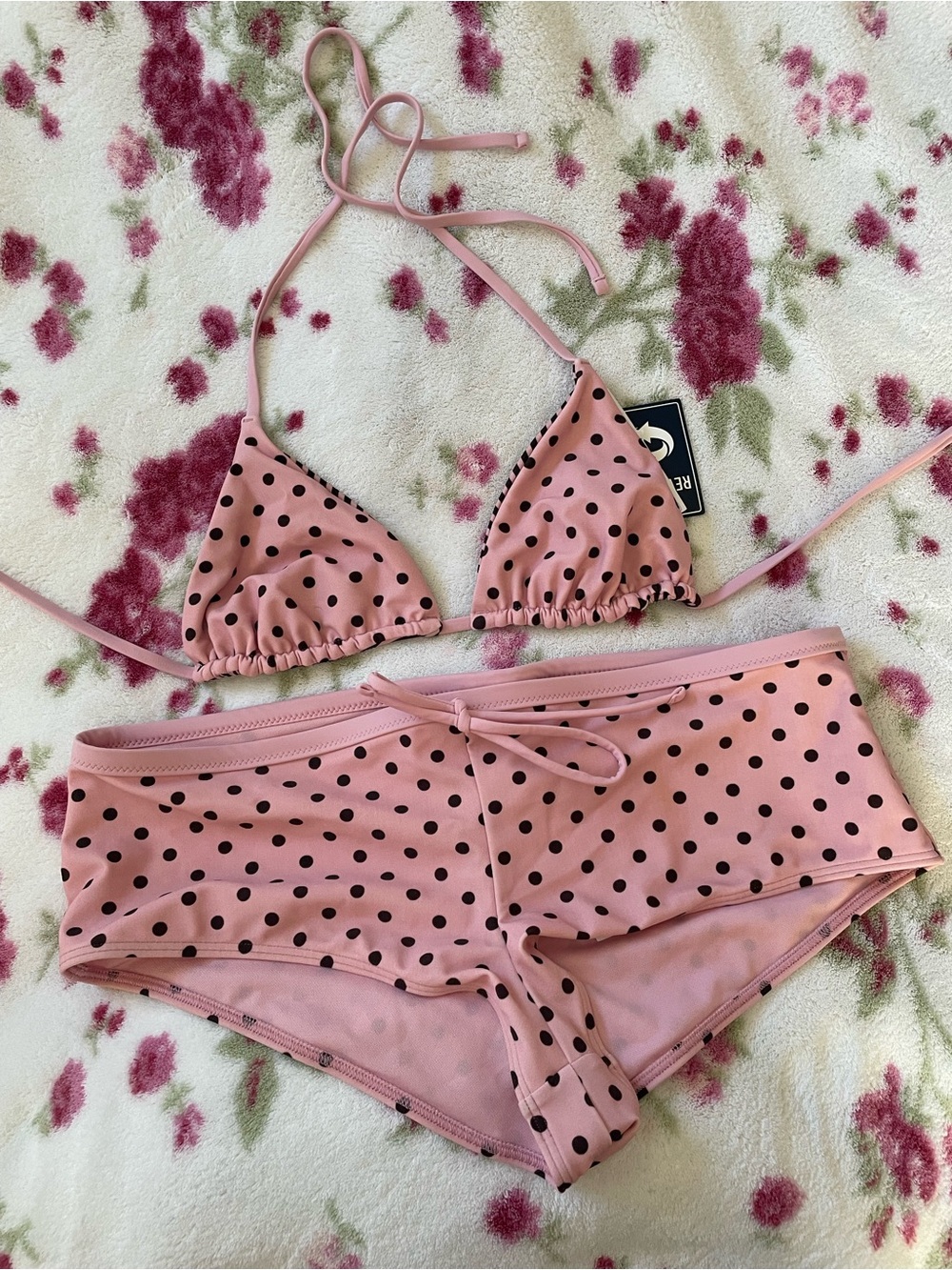 Hollister Pink with Black Polka Dot Triangle Bikini & Boyshort Set